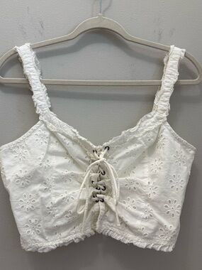 Urban Outfitters Boho Bralette Cottagecore White Eyelet Lace-Up Crop Top Size L